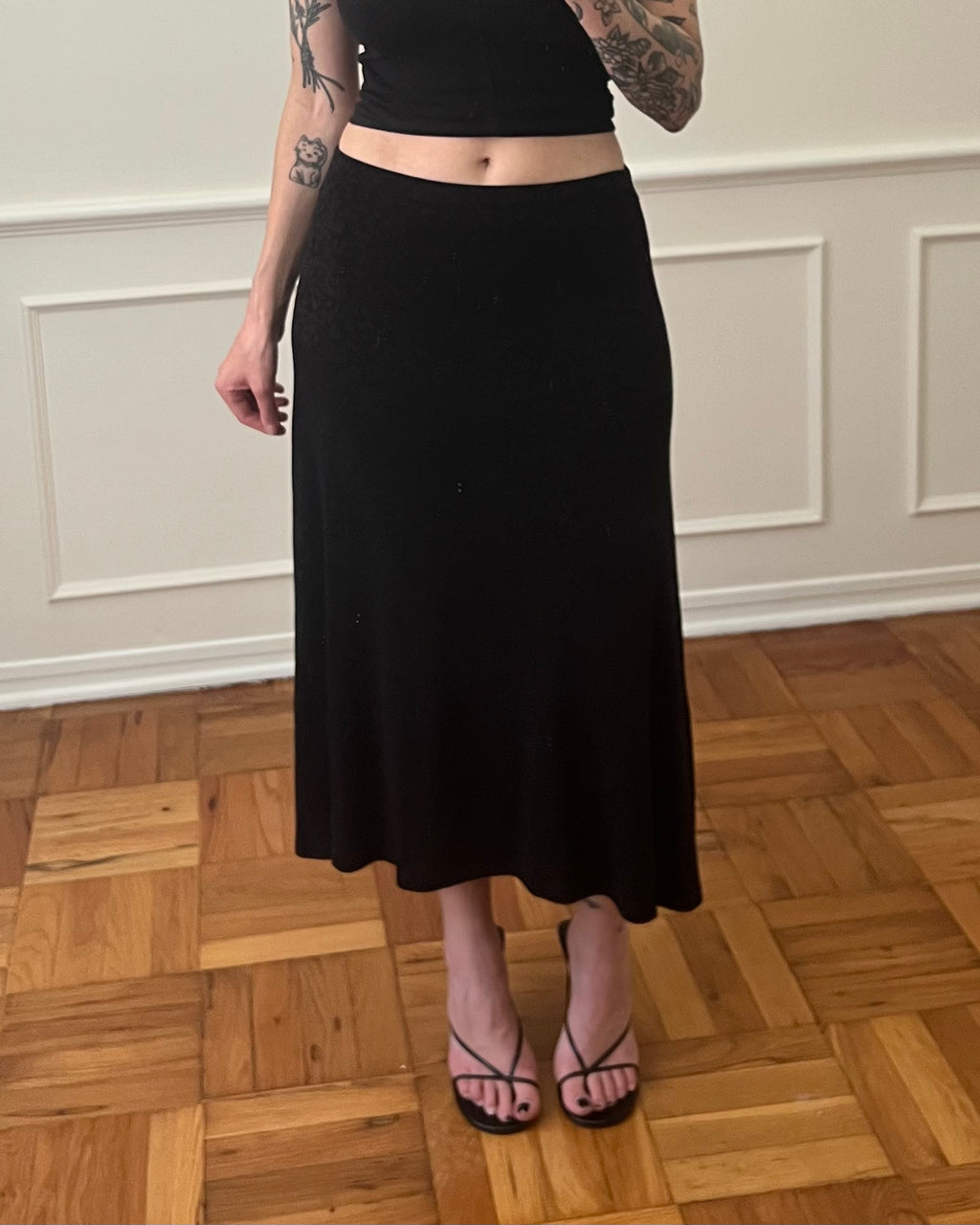 Vintage Black Leopard Print Midi Skirt